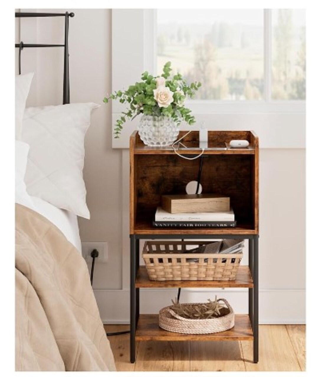 Tall Night Stand with Metal Legs, Charging Station Nightstand, Bedside Table with Open Drawer, Side Table with USB Ports and Outlets for Compact Spaces, Bedroom,Earthy Brown